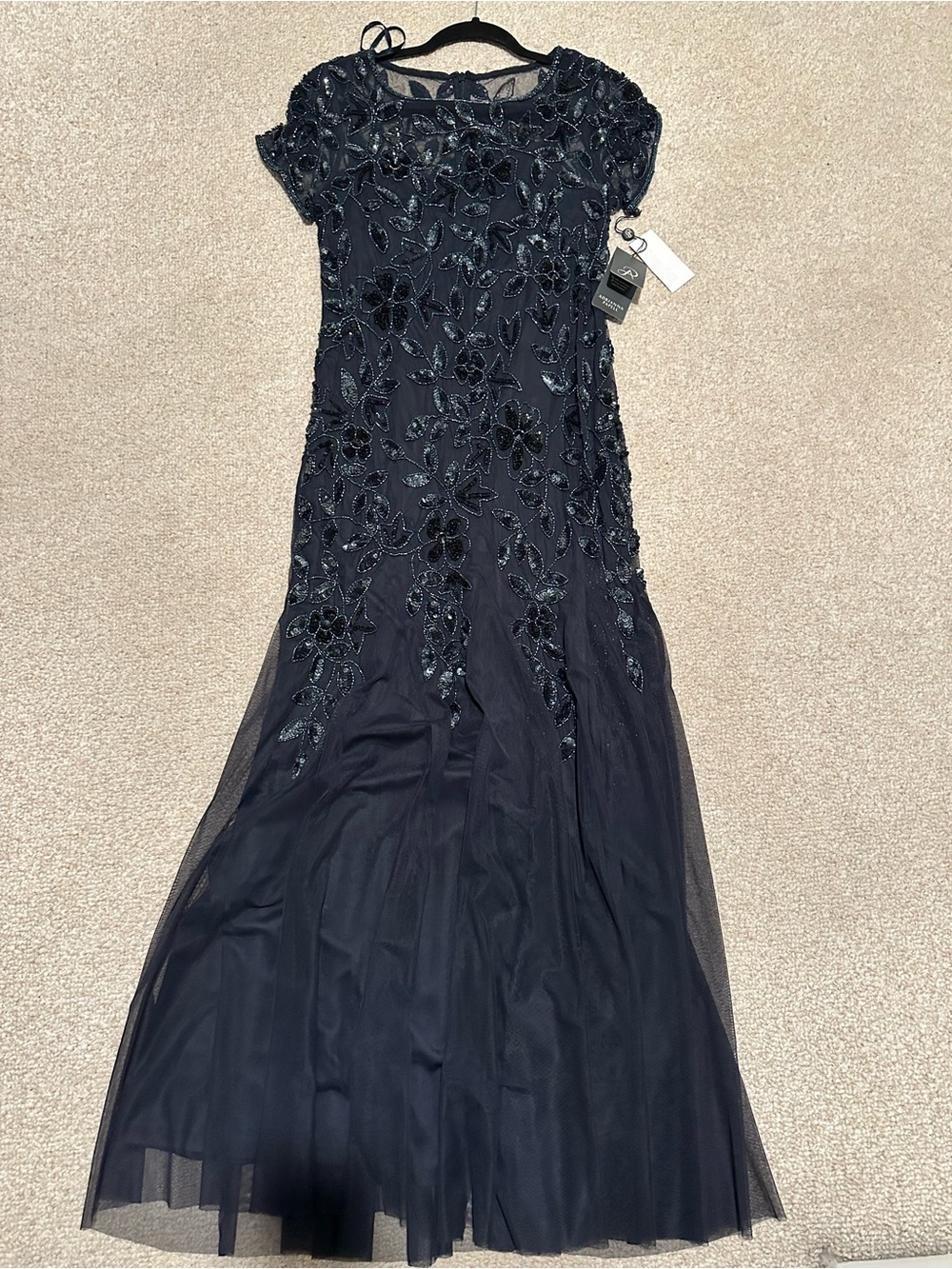 Adrianna Papell Twillight Blue/Navy Beaded Floral Gown with Mermaid Silhouette